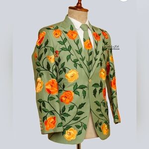 Floral Embroidered Blazer - Green with Orange and Yellow Accents